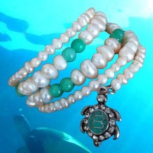 NWT Hand Crafted Beachy Freshwater Pearl Sea Turtle Wrap Bracelet